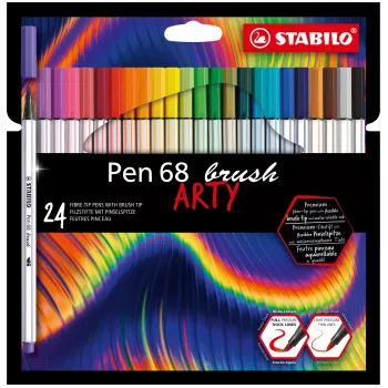 STABILO Pen 68 Brush ARTY Edition 24 kpl pahvikotelo – joustavakärkiset huopakynät handletteringiin, bullet journalingiin ja kuvitukseen