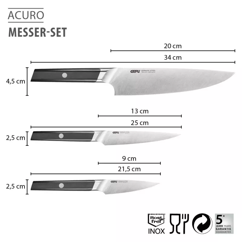 GEFU ACURO 3-osainen veitsisarja - kokkiveitsi, yleisveitsi ja kuorimaveitsi