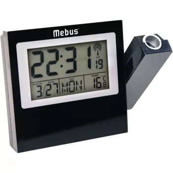 MEBUS 42424 projektioherätyskello DCF77-radio-ohjauksella, punainen LED-projektio, LCD-näyttö, dual-herätys, sisälämpötila, sininen taustavalo, musta