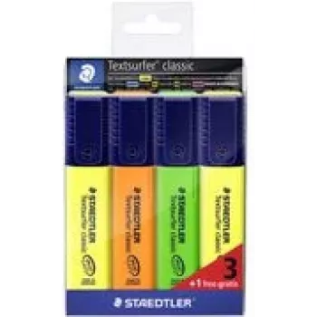 STAEDTLER Textsurfer Classic 3+1 promopakkaus yliviivain sarja, talttakärki, 1,0-5,0 mm, useita värejä