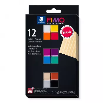STAEDTLER FIMO 8043 C muovailumassasarja - 12 väriä - musta, sininen, samppanja, vihreä, harmaa, magenta, oranssi, punainen, terrakotta, violetti, valkoinen, keltainen - 12 x 25 g palat - uunissa kovettuva polymeerimassa - pehmeä - 110 °C - 30 min