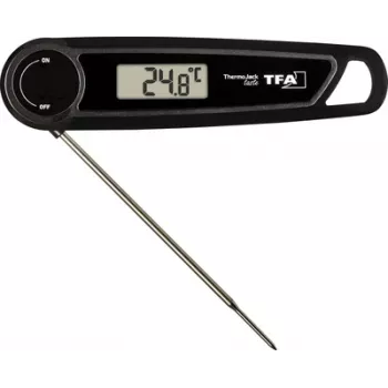 TFA THERMO JACK TASTE digitaalinen keittiölämpömittari ajastimella ja hälytyksellä, ruostumaton teräsanturi, 160 mm, -50...+300 °C, LCD-näyttö, musta/valkoinen