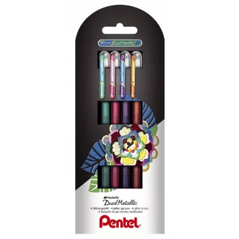 Pentel Dual Metallic geelikynäsarja - 4 väriä (vihreä, oranssi, pinkki, violetti) - 0,5 mm hienokärki - muovikotelo - blisteripakkaus