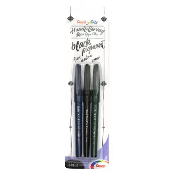 Pentel Arts Sign Pen Brush kalligrafiasivellinkynäsarja musta 3 kpl:n pakkaus
