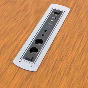 Kindermann CablePort Turn -pöytäkojerasia, 2 Schuko-pistorasiaa, 2 RJ45 CAT6, 2 HDMI, 1 USB-A 3.0, 360° kierto, hopea/musta