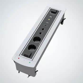 Kindermann CablePort Turn -pöytäkojerasia, 2 Schuko-pistorasiaa, 2 RJ45 CAT6, 2 HDMI, 1 USB-A 3.0, 360° kierto, hopea/musta