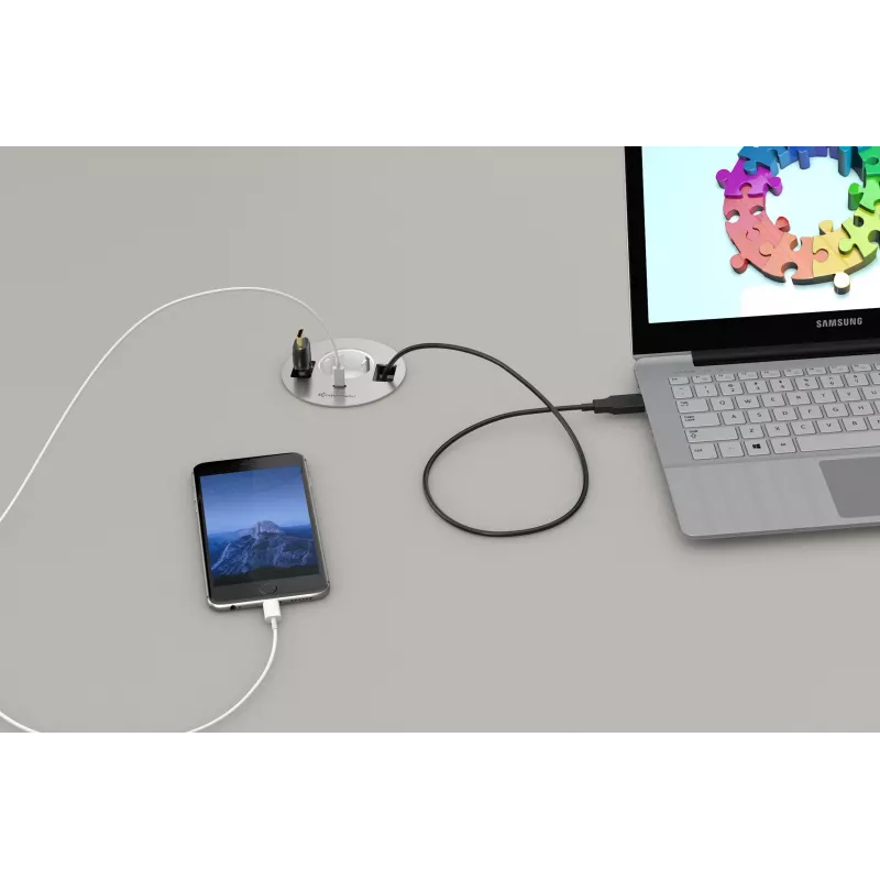Kindermann CablePort table³ uppoasennettava pöytäliitäntäyksikkö 2x Schuko, 2x RJ45, 1x HDMI, 1x USB-A, hopea/musta