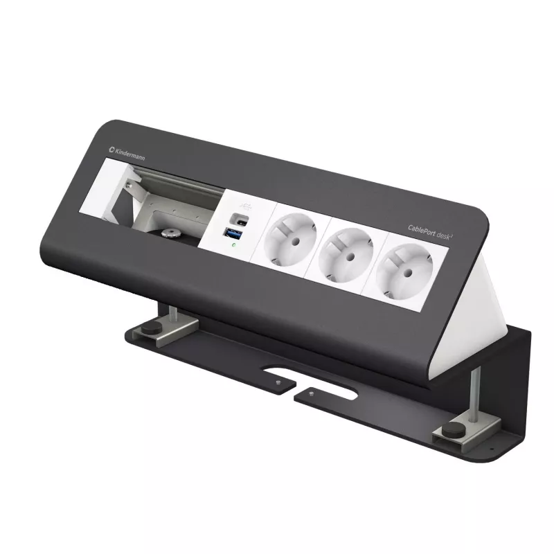 Kindermann CablePort desk 6-kertainen 3x Schuko 2x USB-A työpöytäliitäntämoduuli hopea/musta