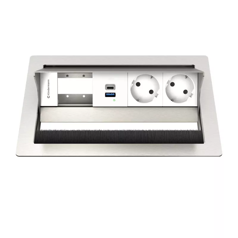 Kindermann CP Standard VA 4k. työpöytäliitäntäpaneeli 2x Schuko-pistorasialla ja 1x USB-A-latausportilla, hopea/musta