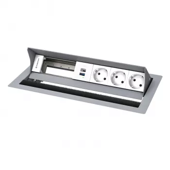 Kindermann CP Standard² 6-fach -pöytäliitäntäpaneeli, jossa 3x virta ja 1x USB-A-lataustoiminto, hopea