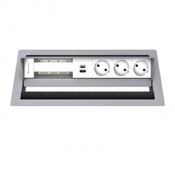 Kindermann CP Standard² 6-fach -pöytäliitäntäpaneeli, jossa 3x virta ja 1x USB-A-lataustoiminto, hopea