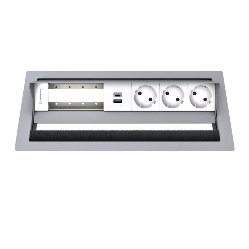 Kindermann CP Standard² 6-fach -pöytäliitäntäpaneeli, jossa 3x virta ja 1x USB-A-lataustoiminto, hopea