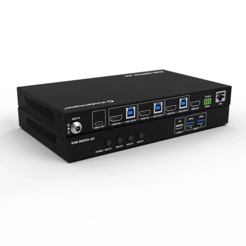Kindermann KVM Switch 41C - 4-porttinen digitaalinen KVM-kytkin DVI-D:llä, USB:llä, äänellä, EDID-emuloinnilla