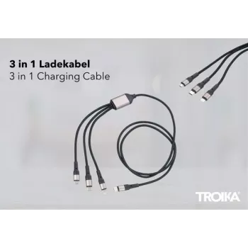 TROIKA DREIZACK PRO pikalatauskaapeli - 3-in-1 moniliitäntäinen latauskaapeli avainlenkillä - harmaa