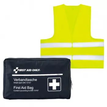 First Aid Only moottoripyörän ensiapulaukku DIN 13167 sininen varoitusliivin kanssa