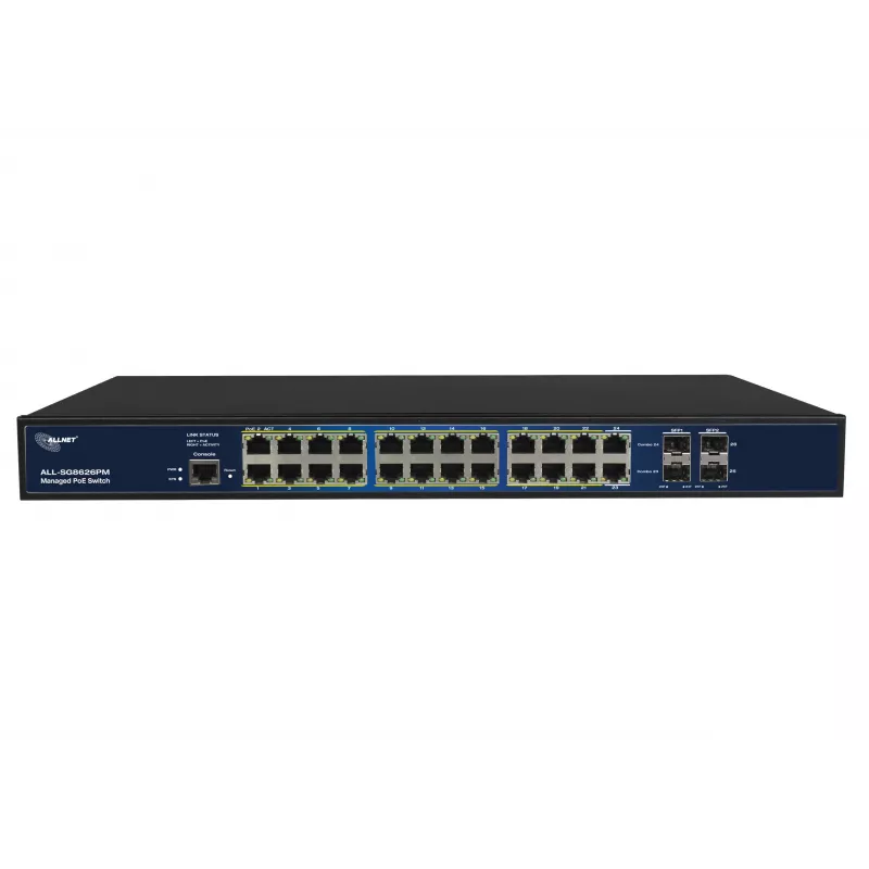 ALLNET ALL-SG8626PMJ Layer 2+ täysin hallittava Gigabit-kytkin 24-porttisella PoE+ 370W