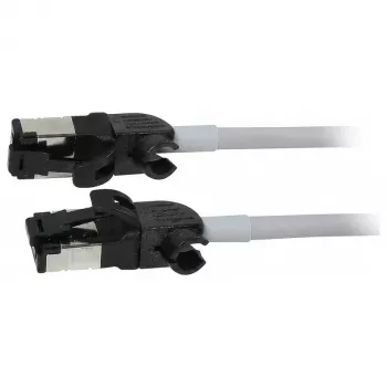 Synergy21 verkkokaapeli RJ45, CAT6A 500MHz, 1,5m, harmaa, S/FTP, Slimline pyöreä d=4,5mm, TPE/LSZH (Superflex), AWG28, CAT7-liittimellä, kääntyvä liitin