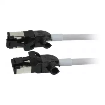 Synergy21 verkkokaapeli RJ45, CAT6A 500MHz, 2m, harmaa, S/FTP, Slimline pyöreä d=4,5mm, TPE/LSZH (Superflex), AWG28, CAT7-liittimellä, kääntyvä liitin