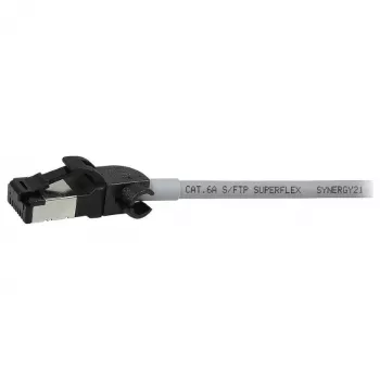 Synergy21 verkkokaapeli RJ45, CAT6A 500MHz, 0,15m, harmaa, S/FTP, Slimline pyöreä d=4,5mm, TPE/LSZH (Superflex), AWG28, CAT7-raakamateriaalilla, kiertyvä liitin
