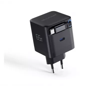 RealPower GaN-laturi 65W musta, 2x USB-C PD, kompakti ja tehokas