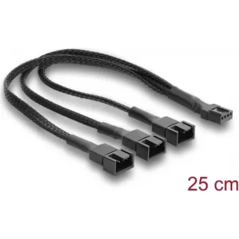 Delock tuulettimen kaapelin jakaja 1 x 4-pin PWM naaras-uros + 2 x 4-pin (3 pinniä kytketty) uros punotulla suojuksella 25 cm musta