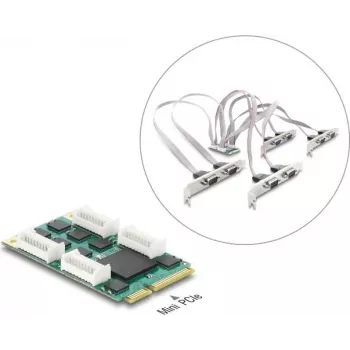 Delock Mini PCIe I/O Full Size -kortti 8 x sarjaportti RS-232 DB9 standardi- ja Low Profile -korttipaikkapeiteillä