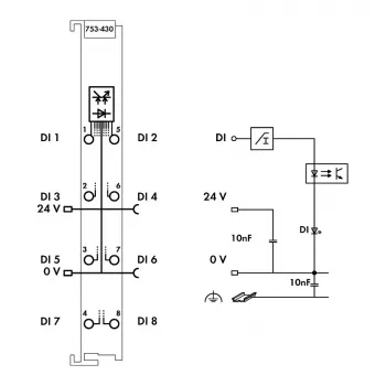 WAGO 753-430 - 8-kanavainen digitaalinen tulomoduuli, 24 VDC, 5 kV eristys, CAGE CLAMP, DIN-kisko