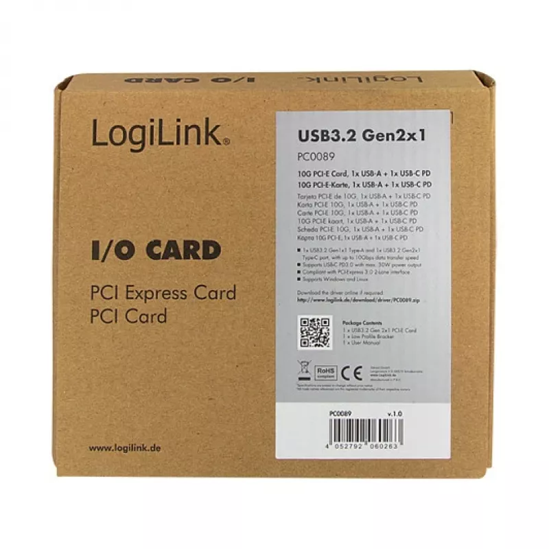 LogiLink PCI Express USB 3.2 -kortti, 5 Gbps, 2 ulkoista + 3 sisäistä USB-A-porttia