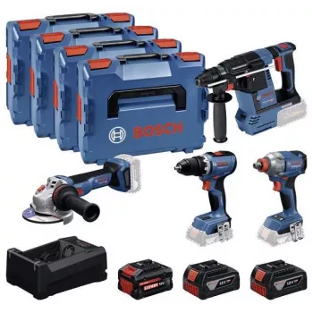 BOSCH POWERTOOLS Combo Kit 18V akkuporakone, iskuruuvinväännin, poravasara, kulmahiomakone (4 työkalun sarja)