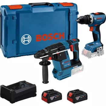 BOSCH PowerTools yhdistelmäpaketti akku-iskuporakone 18V 65 + akku-poravasara 18V 26, 2 akkua 5 Ah ja laturi (paketti)