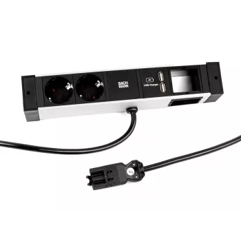 Bachmann DESK Rail pistorasialista 2 Schuko-pistorasialla ja 2 USB-latausliitännällä, 2 m kaapeli, hopea/musta