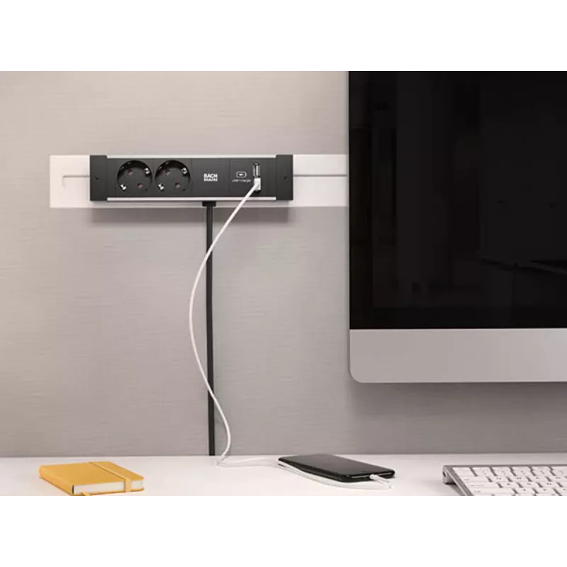 Bachmann DESK Rail pistorasialista 2 Schuko-pistorasialla ja 2 USB-latausliitännällä, 2 m kaapeli, hopea/musta