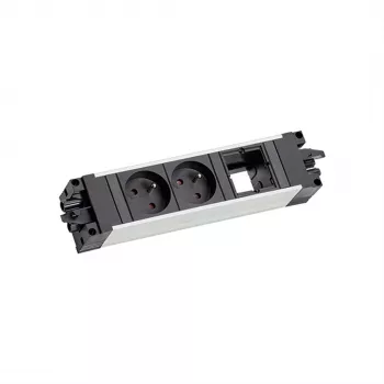 Bachmann 906.0238 STEP ALU Desk virta- ja datamoduuli, 2x tyypin E pistorasiaa, 2x Keystone-paikkaa, 3m kaapeli, hopea/musta