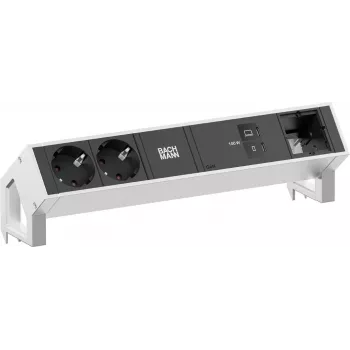Bachmann DESK2 pöytävirta moduuli 2x Schuko 1x USB-C 100W 1x laajennusmoduulin paikka 1m kaapeli INOX