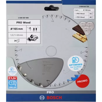 BOSCH POWERTOOLS PRO Wood akkukäyttöinen pyörösahanterä 165 mm (3 kpl:n edullinen pakkaus)