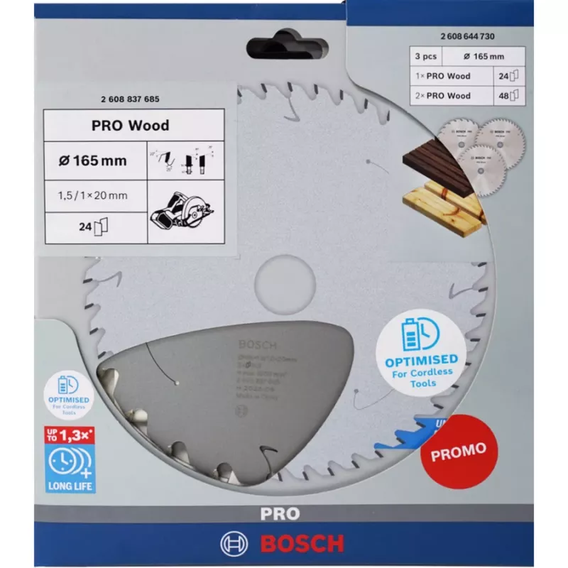 BOSCH POWERTOOLS PRO Wood akkukäyttöinen pyörösahanterä 165 mm (3 kpl:n edullinen pakkaus)