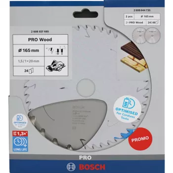 BOSCH POWERTOOLS PRO Wood akkukäyttöinen pyörösahanterä 165 mm (2 kpl:n tarjouspakkaus)