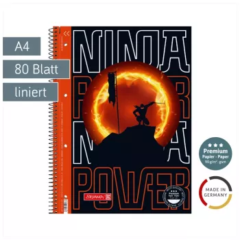 BRUNNEN College Block Ninja Power viivoitus 27 viivoitettu DIN A4 sisämarginaali, 80 arkkia, kierresidottu, 4-reikäinen, perforoitu, 70 g/m², valkoinen