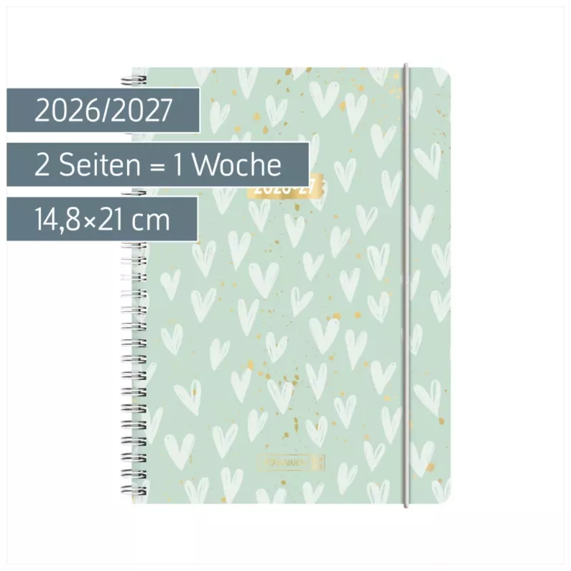 BRUNNEN Student Planner Heart 2026/2027 minttu, valkoinen, kulta, 1 kpl (1072156097)