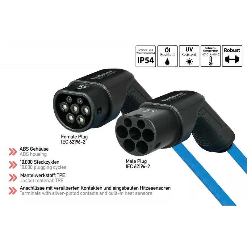 kabelmeister® EV-latauskaapeli Mode 3, Type 2 pistoke liittimeen, 3-vaiheinen, 16 A, 11 kW, sininen, 5 m