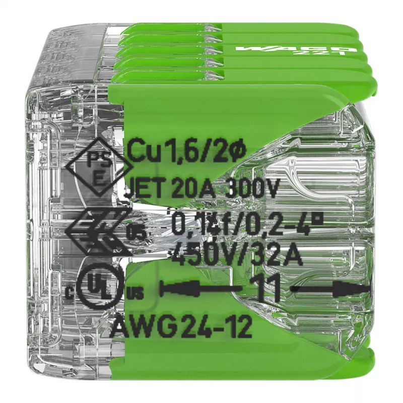 WAGO 221-430 COMPACT 2-johtimen liitin, 0,2–4 mm², 15 kpl, Green Range