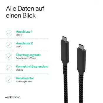 Flexline USB-C–USB-C-kaapeli, USB 3.2 Gen 2, 100W PD, punottu nylon, 1 m (FL31-75004)