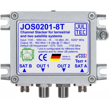 JULTEC JOS0201-8T Unicable II / JESS yksikaapelimuunnin, 2x optinen satelliitti- ja 1x optinen maanpäällinen tulo, 8x F-tyyppi-lähtö, FC/PC-liittimet