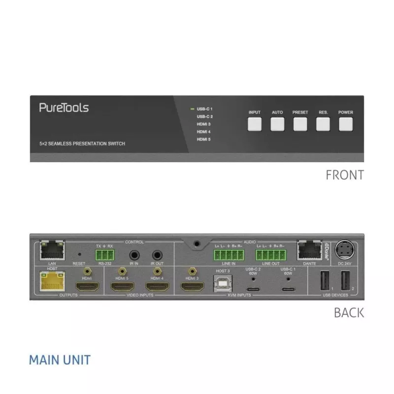 PureLink PT-PSW-52KVM 5x2 KVM-kytkin 4K 60Hz 4:4:4 USB-C HDMI
