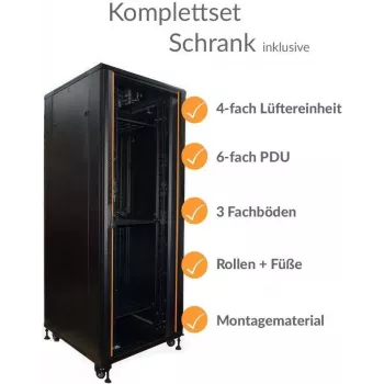 IT-BUDGET 19 tuuman verkkokaappi SRK - täydellinen setti - 42HE - leveys 800 mm, syvyys 800 mm - lasi-/teräsovi - 4 aktiivituuletinta - PDU - hyllyt - esikoottu - musta (99ITB19SRK4288GSM)