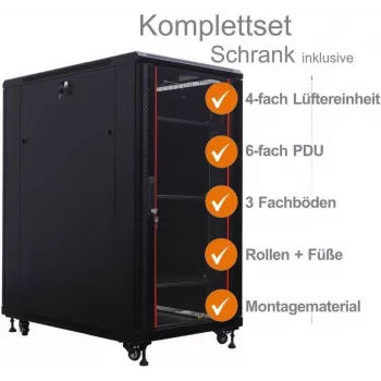 IT-BUDGET 19 tuuman verkkokaappi SRK - täydellinen sarja - 27 HE - LxS 800x800 mm - lasi-/teräspeltiovi - 4 aktiivituuletinta - PDU - hyllyt - esikoottu - musta (99ITB19SRK2788GSM)