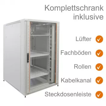 IT-BUDGET 19 tuuman verkkokaappi SRK täydellinen sarja 27U 800x800 mm lasi-/reikäteräsovi 4 aktiivituuletinta PDU hyllyt asennettu vaaleanharmaa (99ITB19SRK2788GGM)