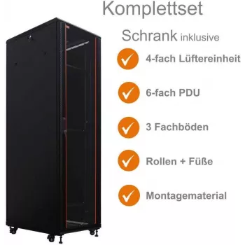 IT-BUDGET 19 tuuman verkkokaappi SRK - täysi sarja - 42U - 600x800 mm - lasi-/teräsovi - 4 aktiivista tuuletinta - PDU - hyllyt - Flatpack - musta (90ITB19SRK4268GS)