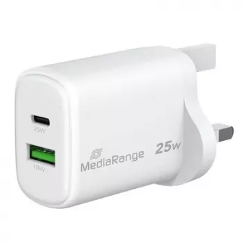 MediaRange 25W GaN pikalaturi UK-pistoke, 1x USB-C & 1x USB-A, PD & QC, valkoinen (MRMA112-UK)