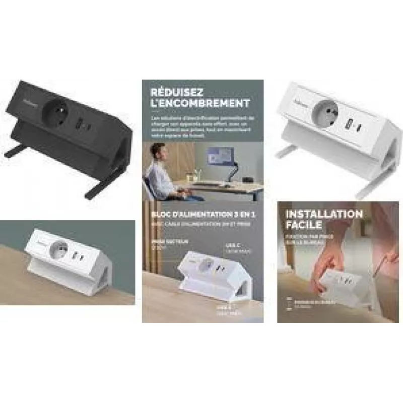 Fellowes Power Desk -pöytäpistorasia Type-E valkoinen 3 AC-pistorasiaa 2 USB-A 2 m kaapeli